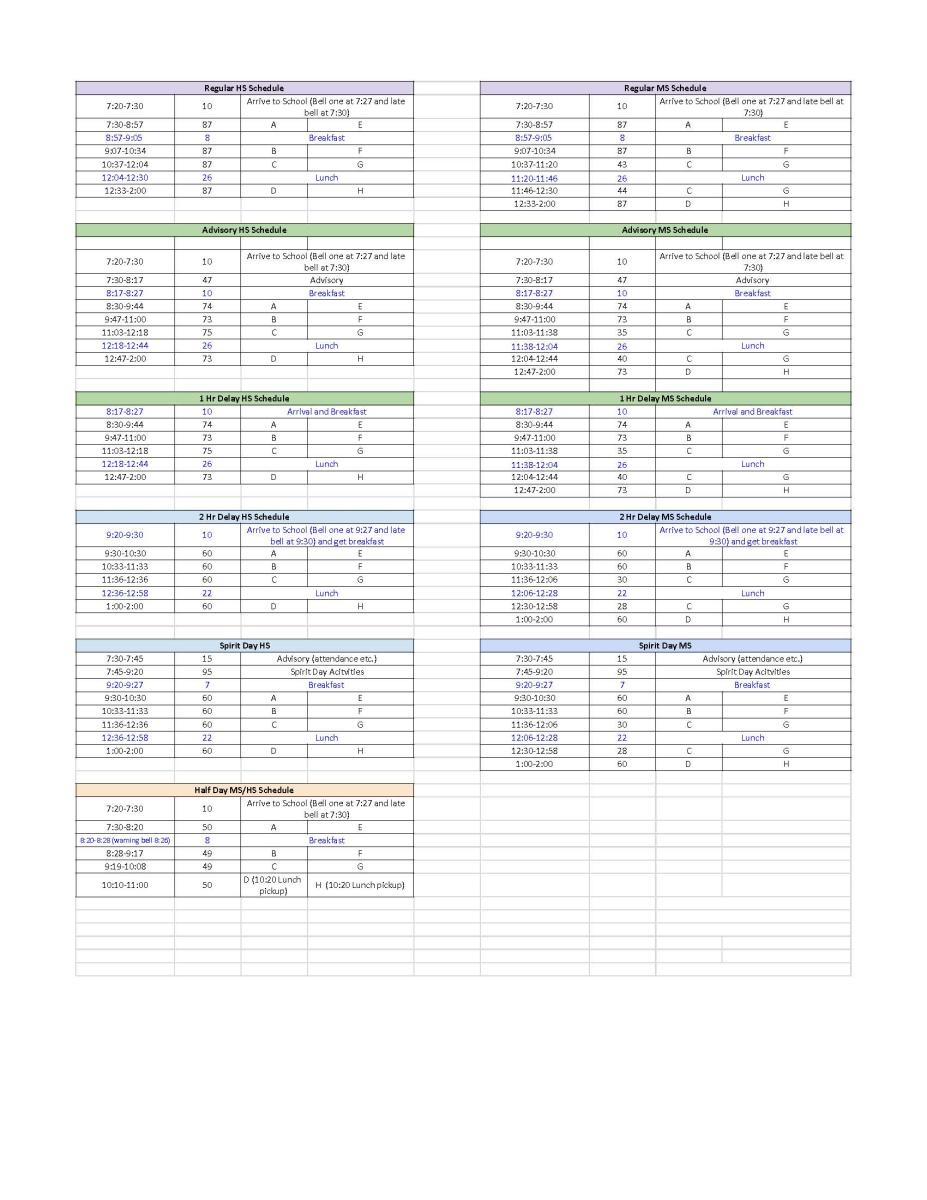 Calendar for bell schedule