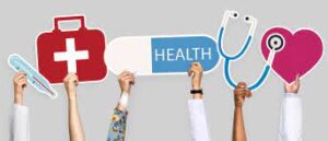 hands holding up a thermometer, med kit, big pill, stethoscope, and a heart. 